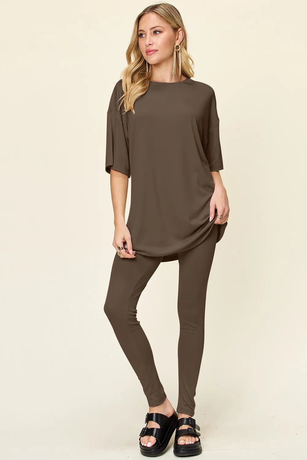 Double Take Full Size Round Neck Dropped Shoulder T-Shirt and Leggings Set - -