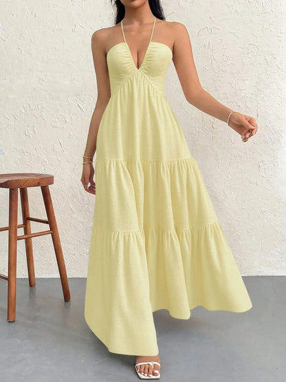 Luxe Halter Tiered Maxi Dress - Elevated Backless Statement - Yellow -