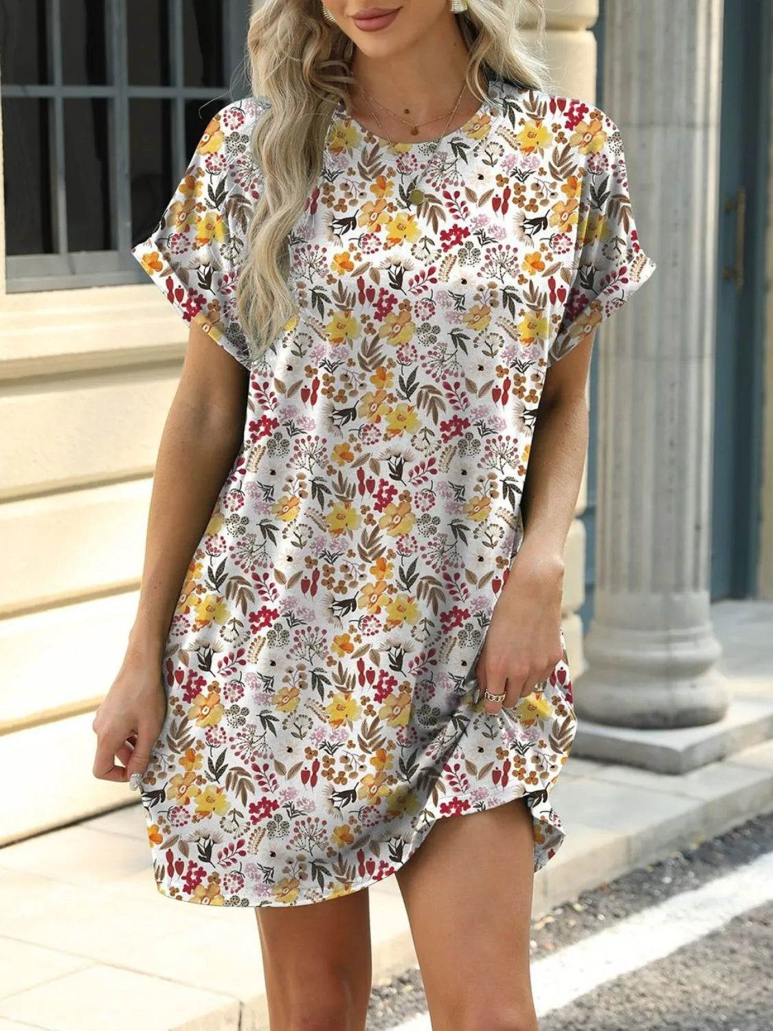 Printed Mini Dress – Pretty Round Neck Summer Chique - -