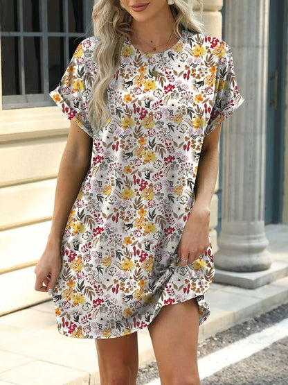 Printed Mini Dress – Pretty Round Neck Summer Chique - -