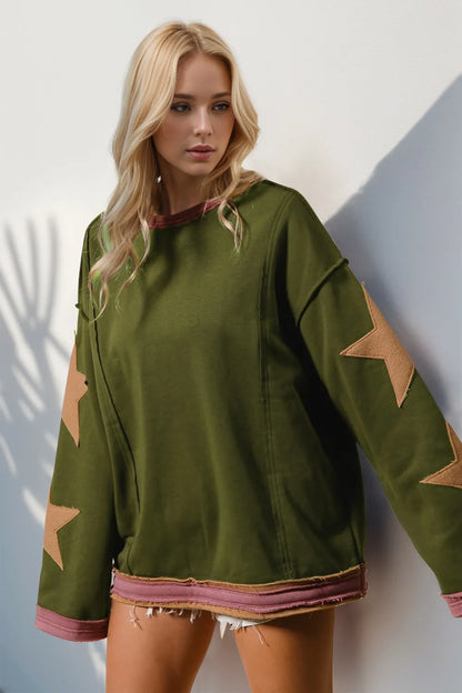 Double Take Star Patched Long Sleeve Sweatshirt – | Shannon’s Chique Boutique
