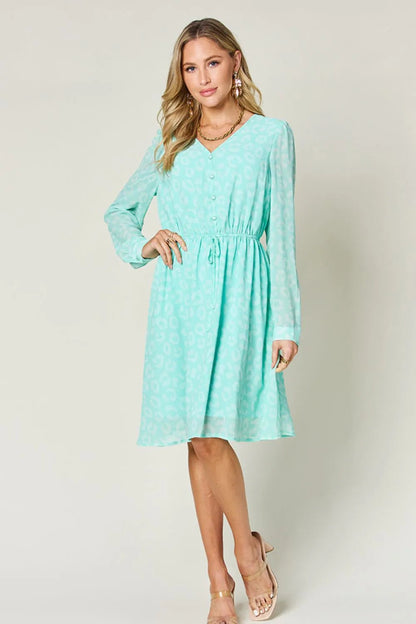 Double Take Full Size Printed Ruched V - Neck Long Sleeve Dress – | Shannon’s Chique Boutique