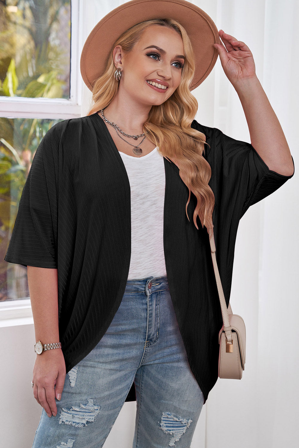 Plus Size Ribbed Cocoon Cover Up - -