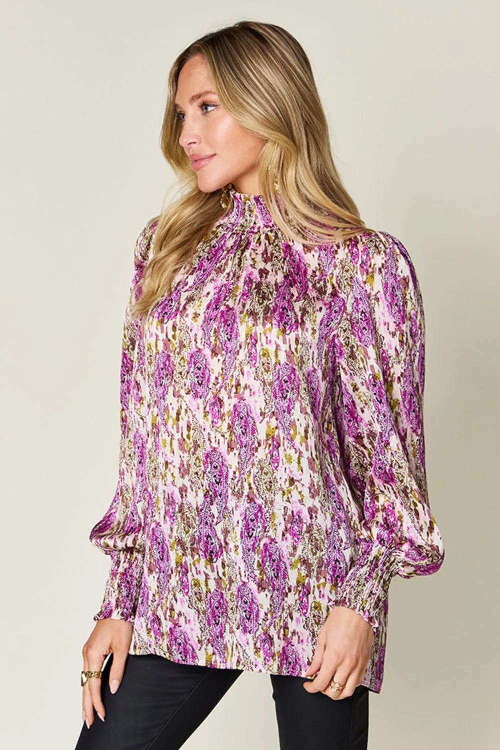 Double Take Full Size Printed Smocked Long Sleeve Blouse - -