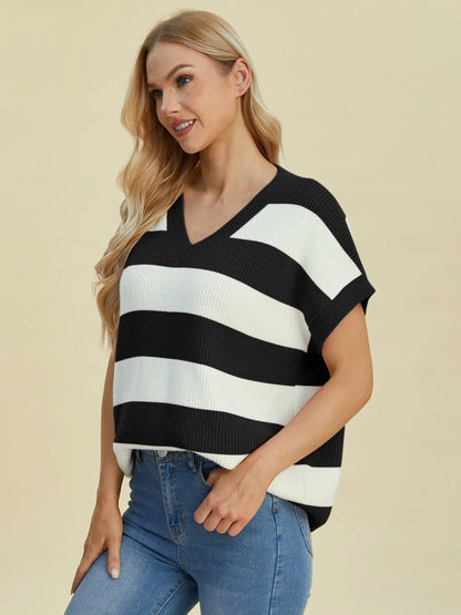 Double Take Full Size Striped V-Neck Short Sleeve Sweater - -