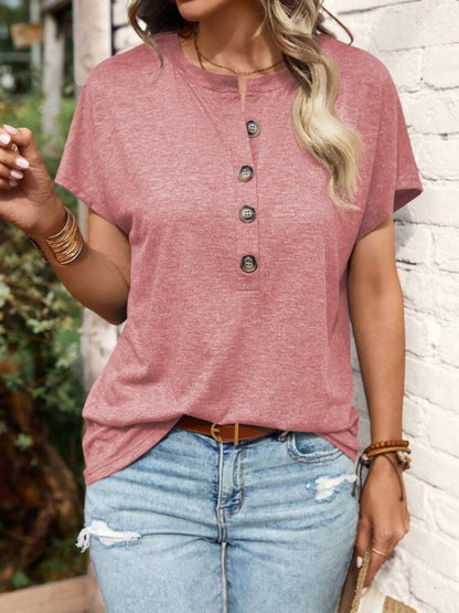 Half Button Short Sleeve Top - -