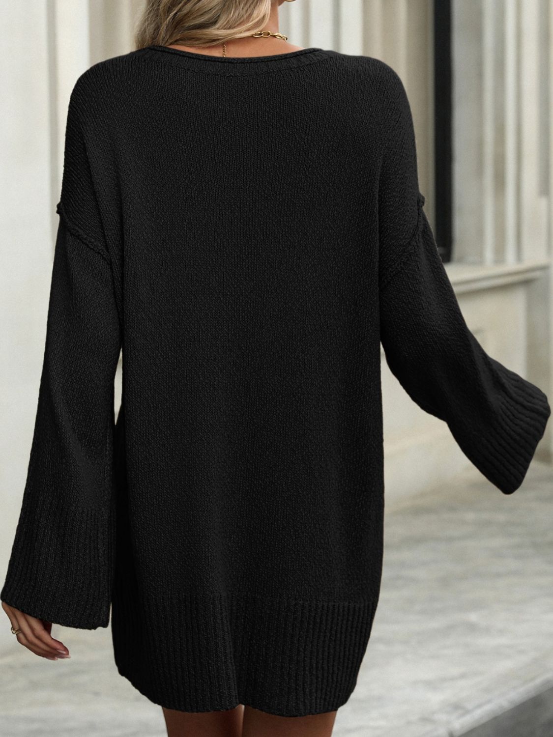 Round Neck Dropped Shoulder Sweater - -