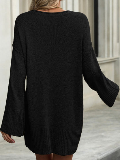 Round Neck Dropped Shoulder Sweater - -