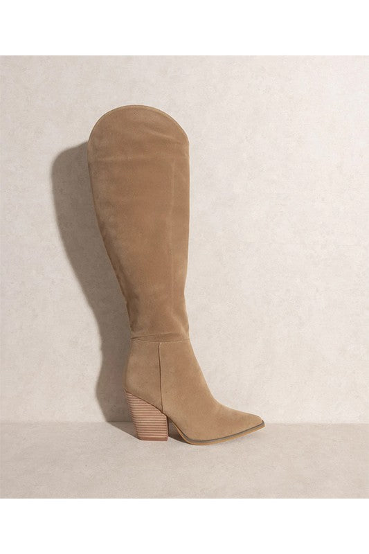 Sloane tan knee-high boot with stacked block heel and suede finish
