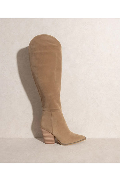 Sloane tan knee-high boot with stacked block heel and suede finish