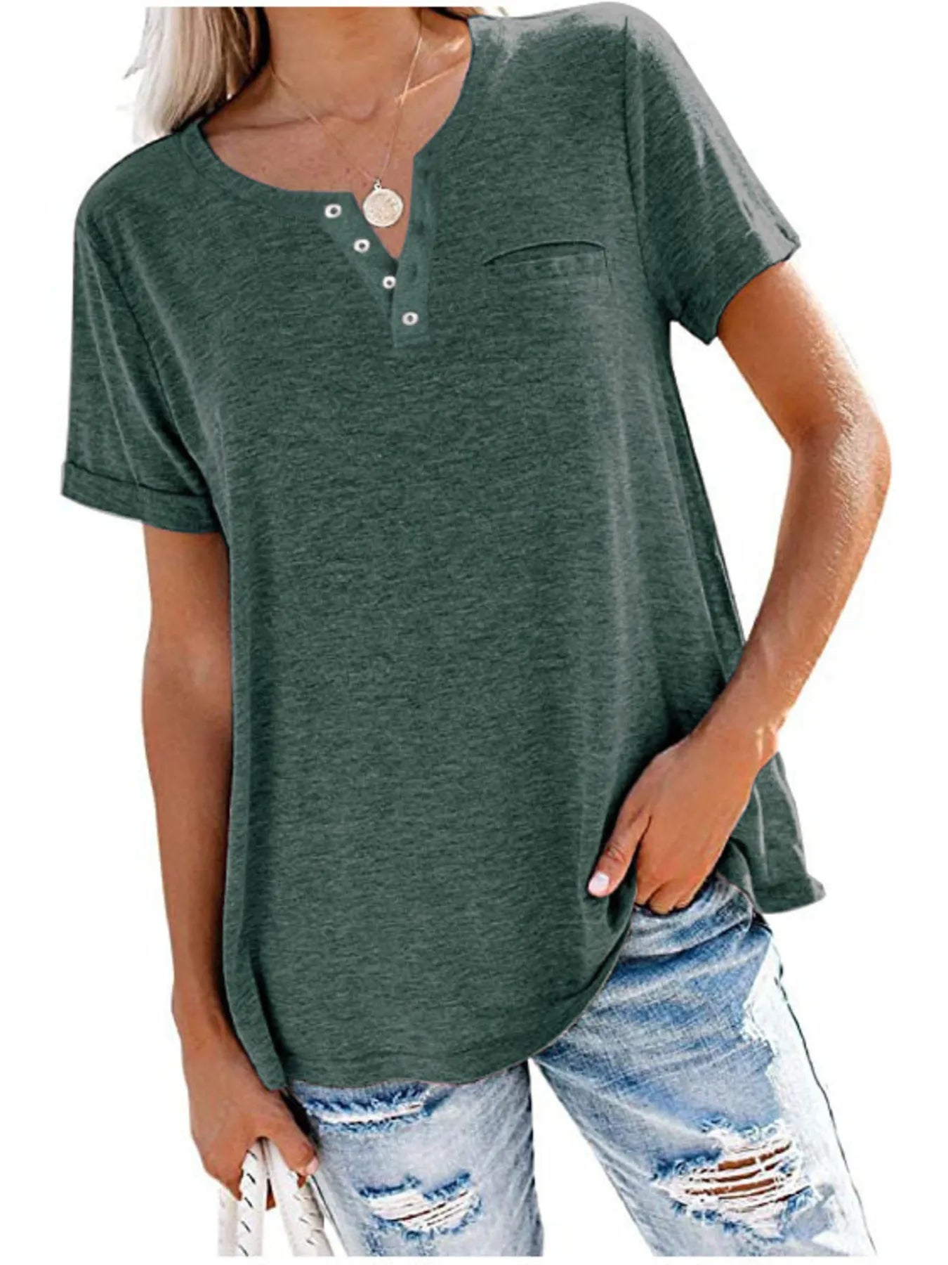 Full Size Notched Short Sleeve T-Shirt Plus Size - Green -