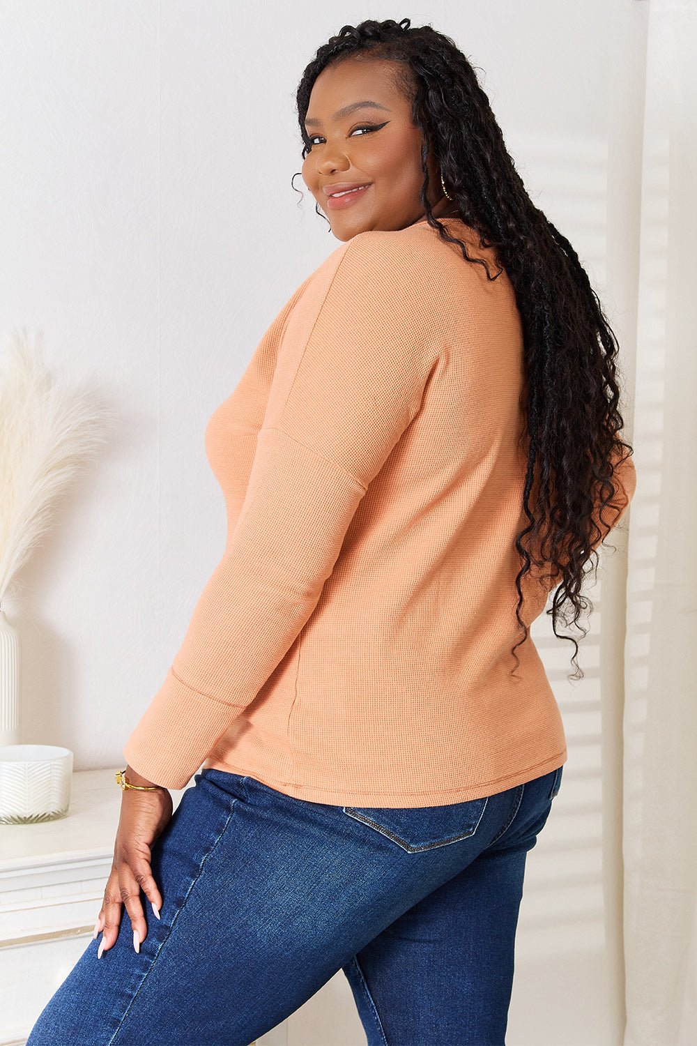 Basic Bae Half Button Long Sleeve Top - -