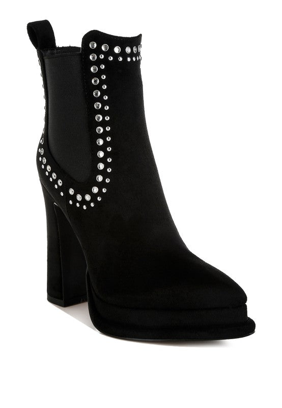 Black suede ankle boot with studded detailing and high block heel.