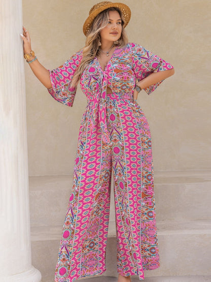 Plus Size Printed Half Sleeve Wide Leg Jumpsuit - -