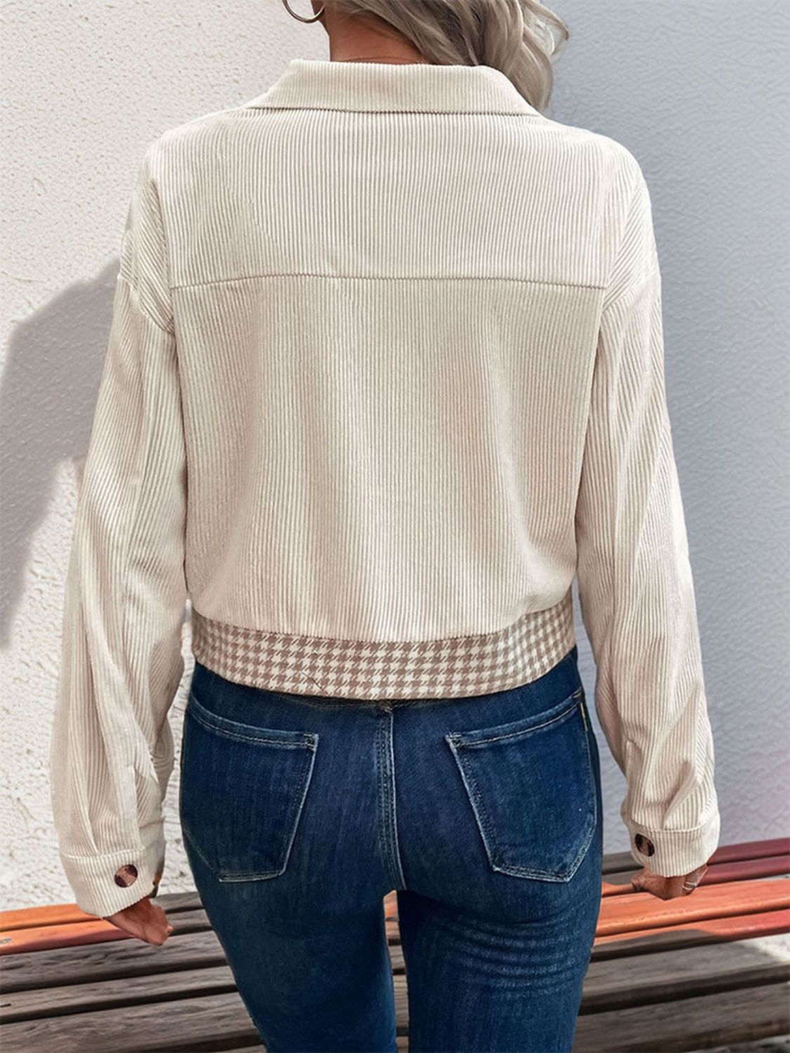 Pocketed Houndstooth Long Sleeve Jacket - -