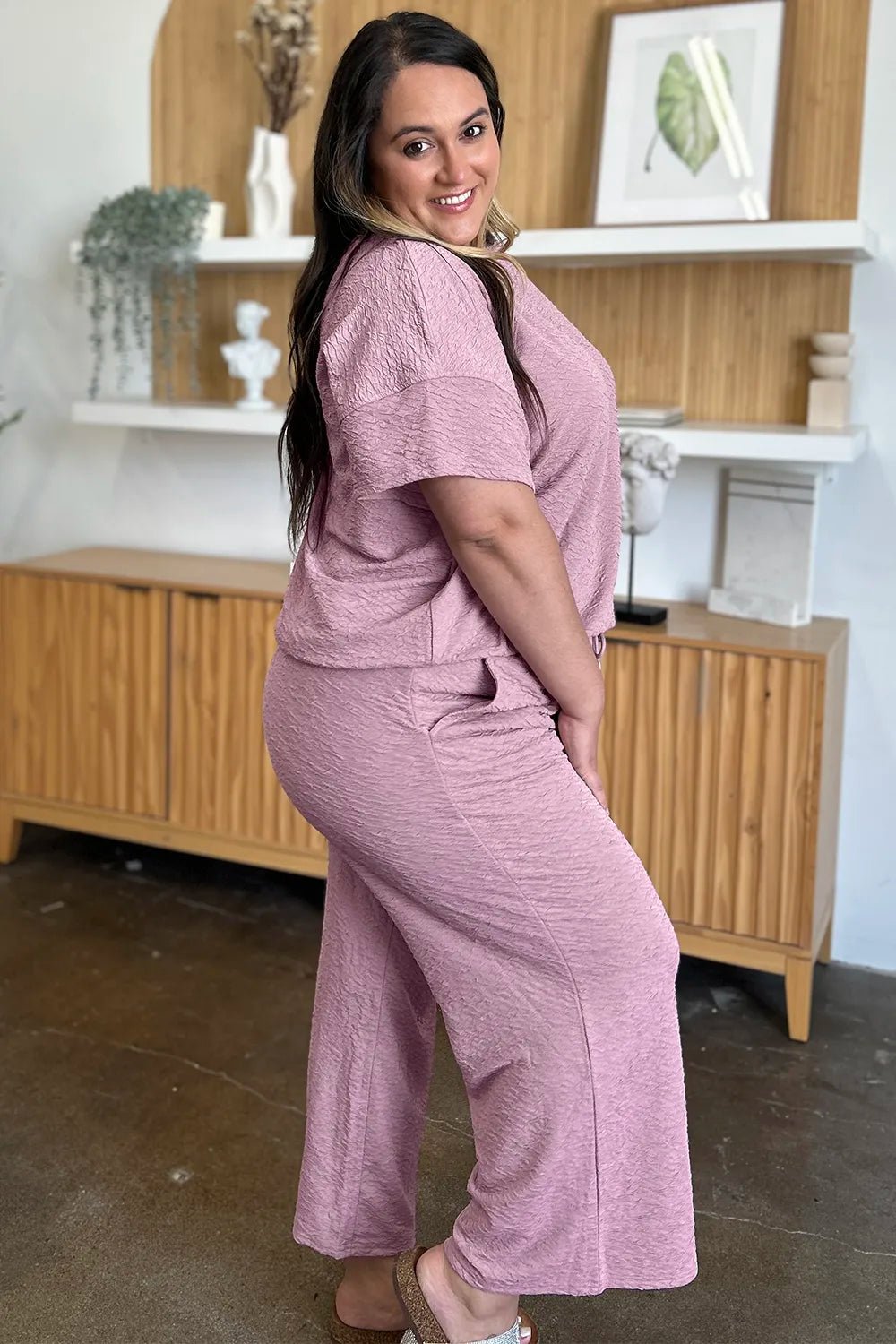 Double Take Full Size Texture Short Sleeve Top and Pants Set - -