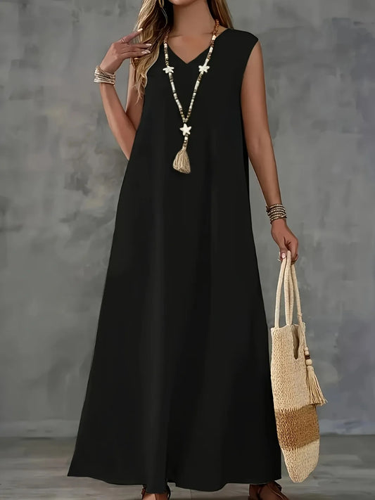 V-Neck Sleeveless Maxi Tank Dress - Black -