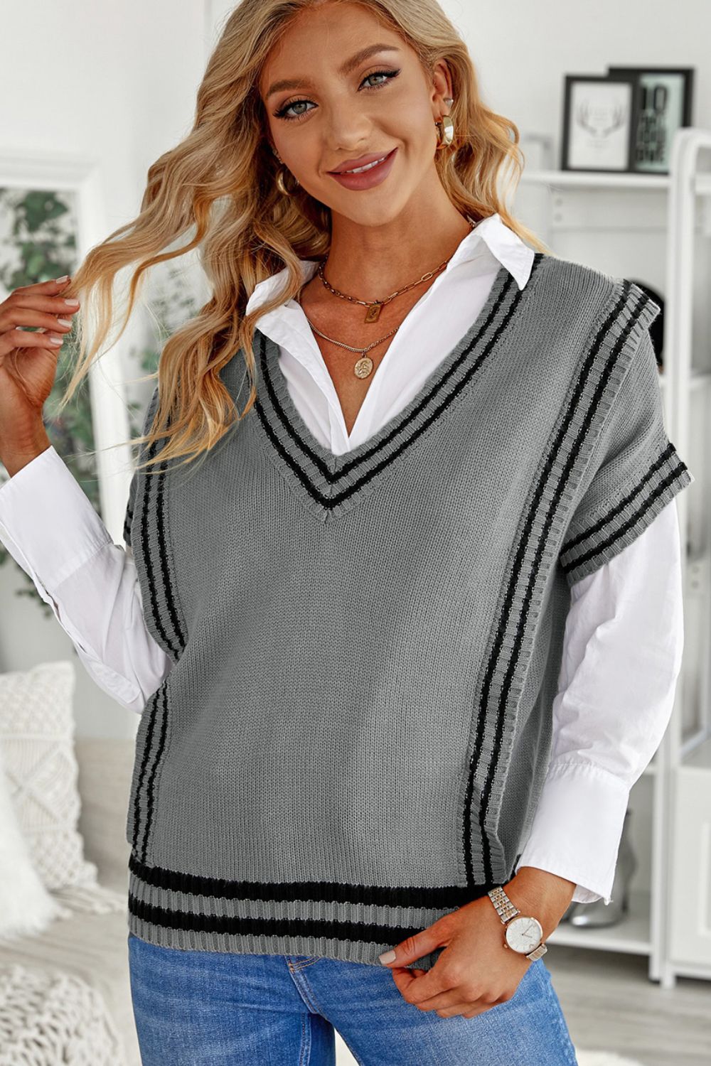 Striped Trim V-Neck Sweater Vest