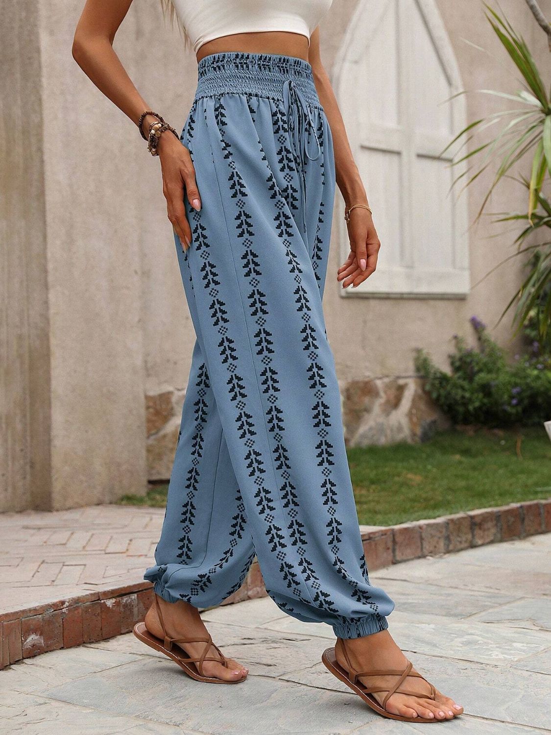 Tied Printed High Waist Pants - -