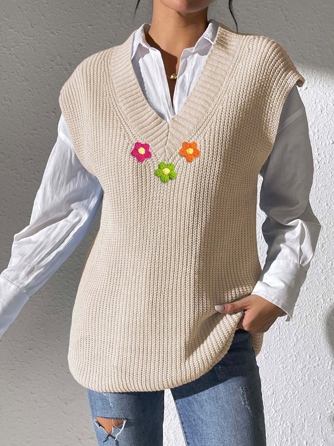 Flower V-Neck Sweater Vest - Beige One Size -