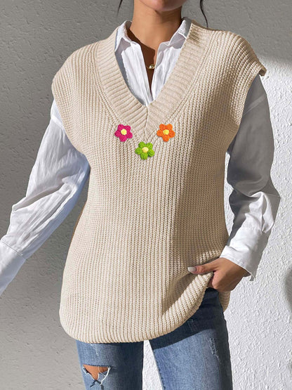 Flower V-Neck Sweater Vest - Beige One Size -