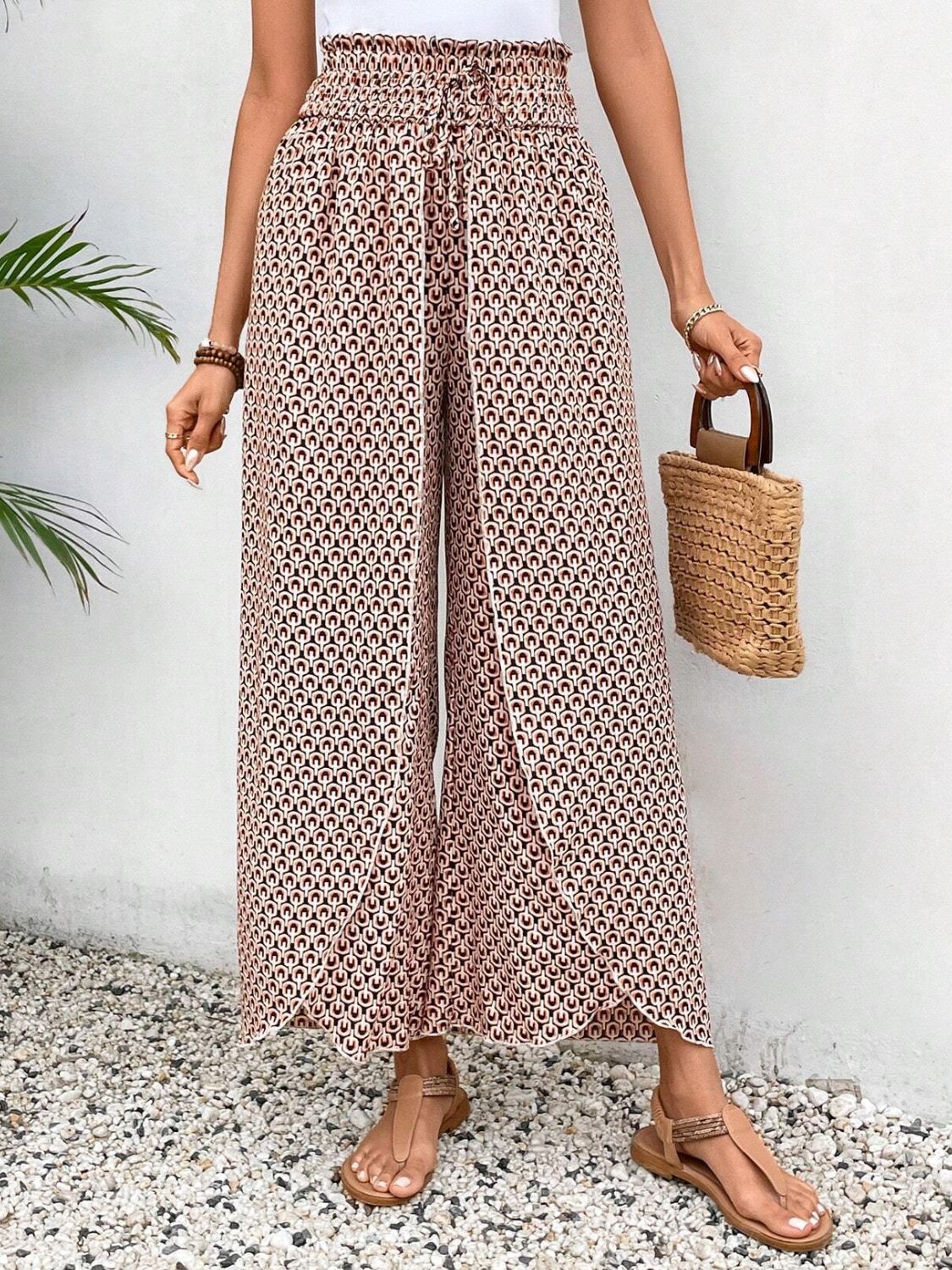 Tied Printed Wide Leg Pants - -