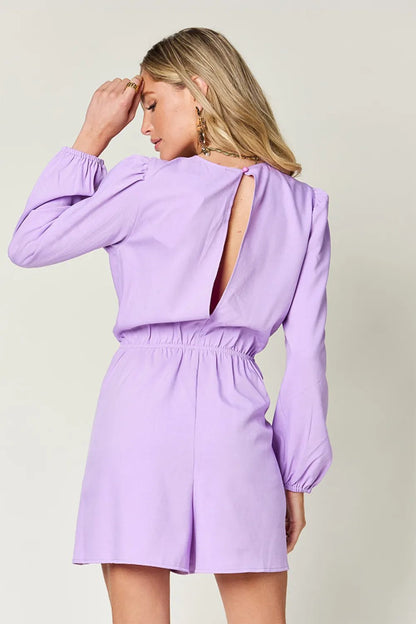 Double Take Full Size Drawstring Long Sleeve Romper - -