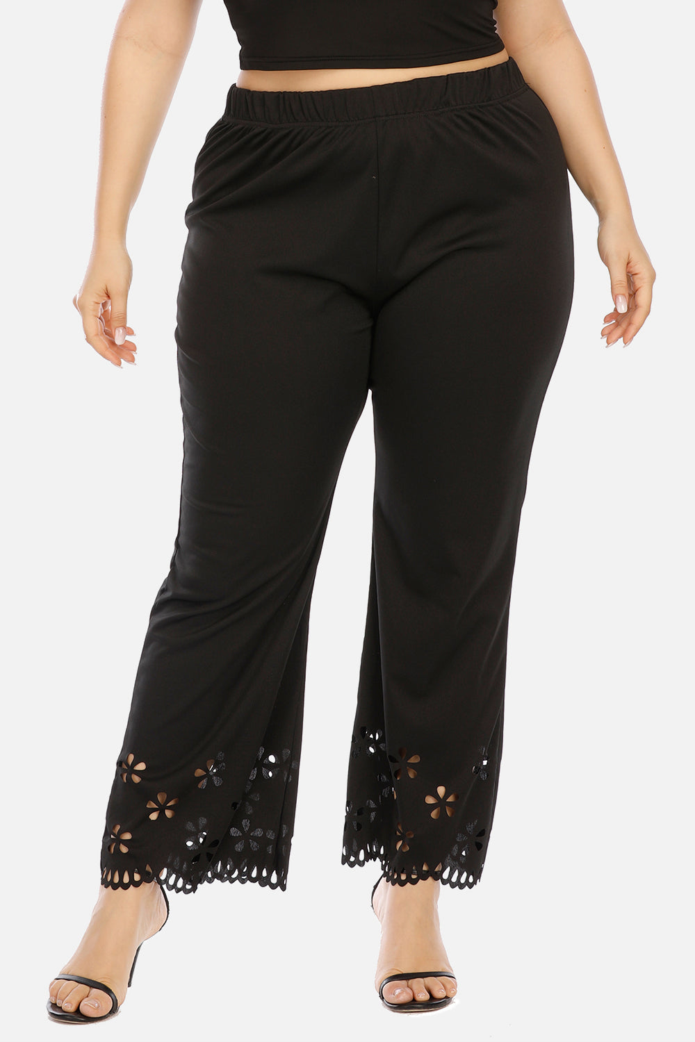 Plus Size Openwork Detail Pants - Black -