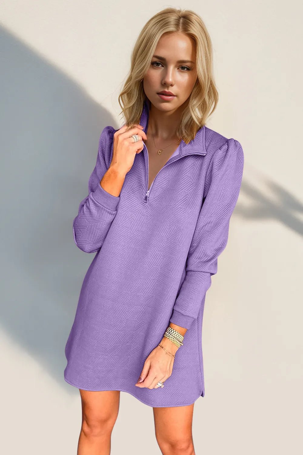 Double Take Textured Quarter Zip Long Sleeve Dress - Lavender -