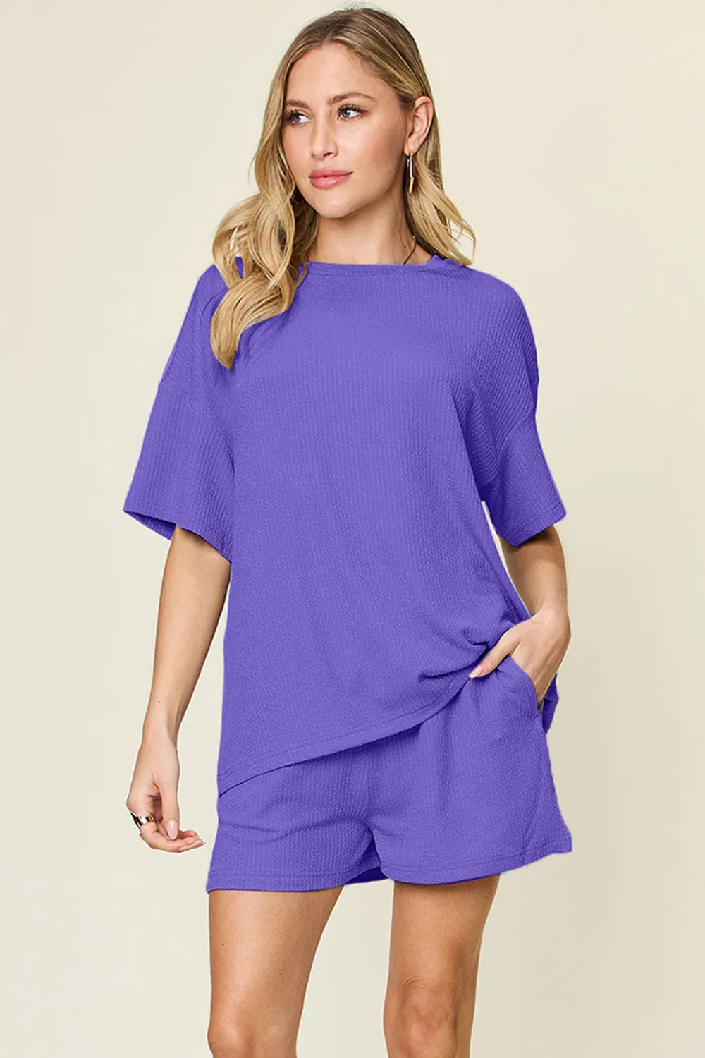Double Take Basic style Round Neck Solid Set - Light Indigo -
