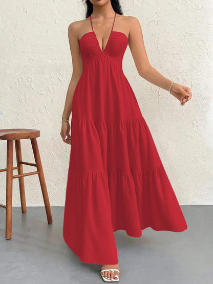 Luxe Halter Tiered Maxi Dress - Elevated Backless Statement - Red -