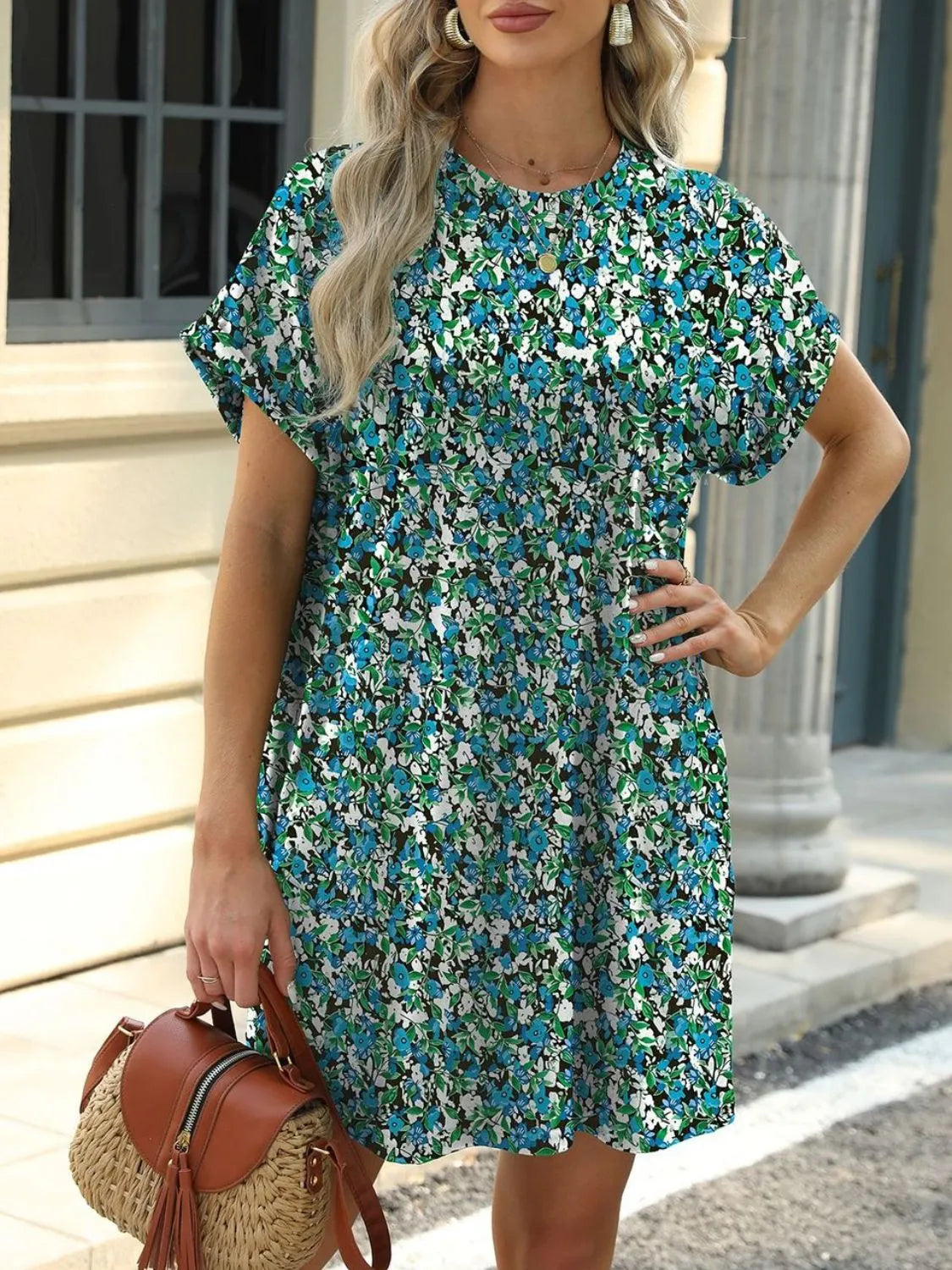 Printed Mini Dress – Pretty Round Neck Summer Chique - -