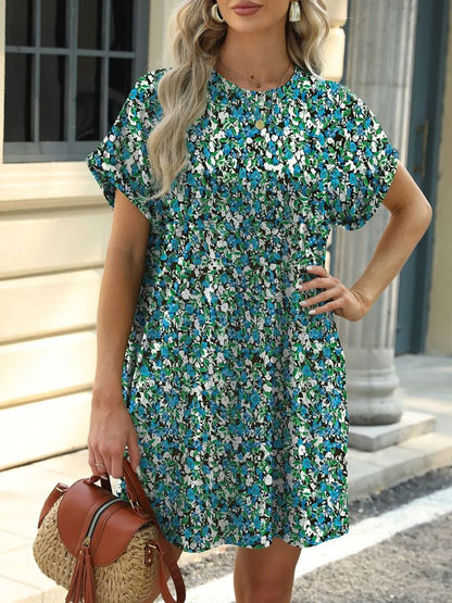 Printed Mini Dress – Pretty Round Neck Summer Chique - -