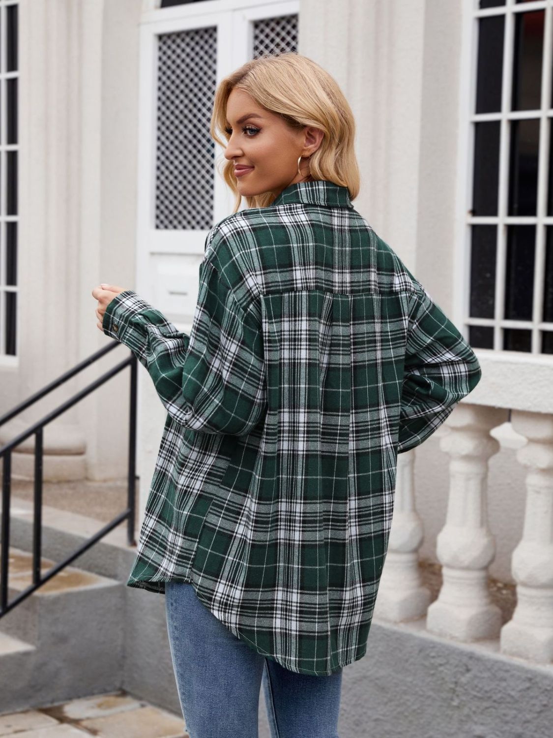 Mandy Pocketed Plaid Collared Neck Long Sleeve Shirt - -