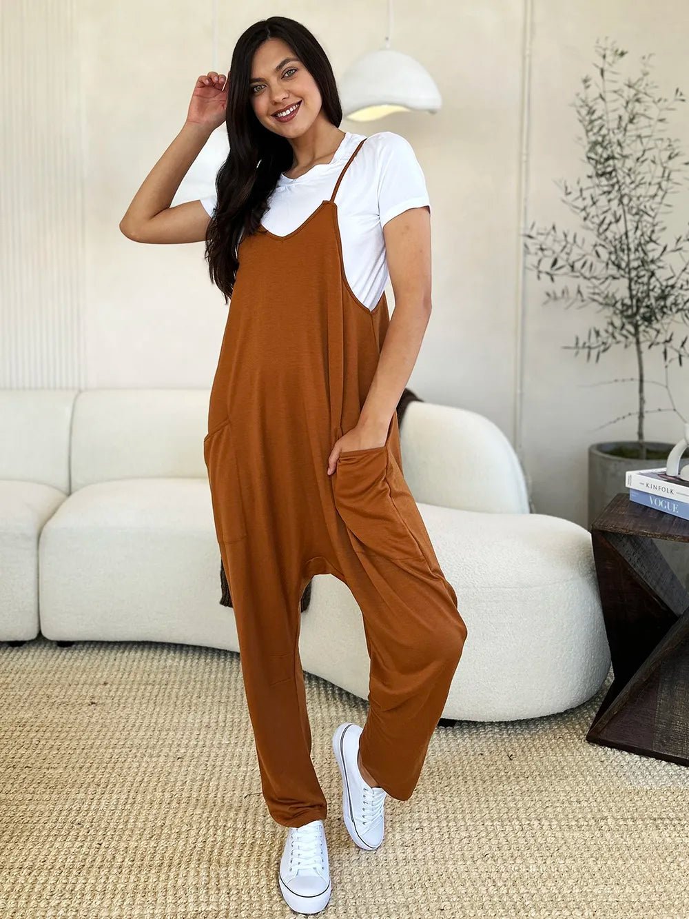 Double Take Full Size Pocketed V-Neck Jumpsuit – Plus Size, Relaxed Fit, Travel Ready - -