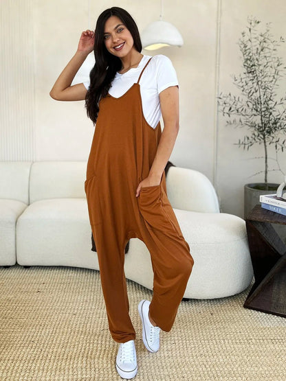 Double Take Full Size Pocketed V-Neck Jumpsuit – Plus Size, Relaxed Fit, Travel Ready - -