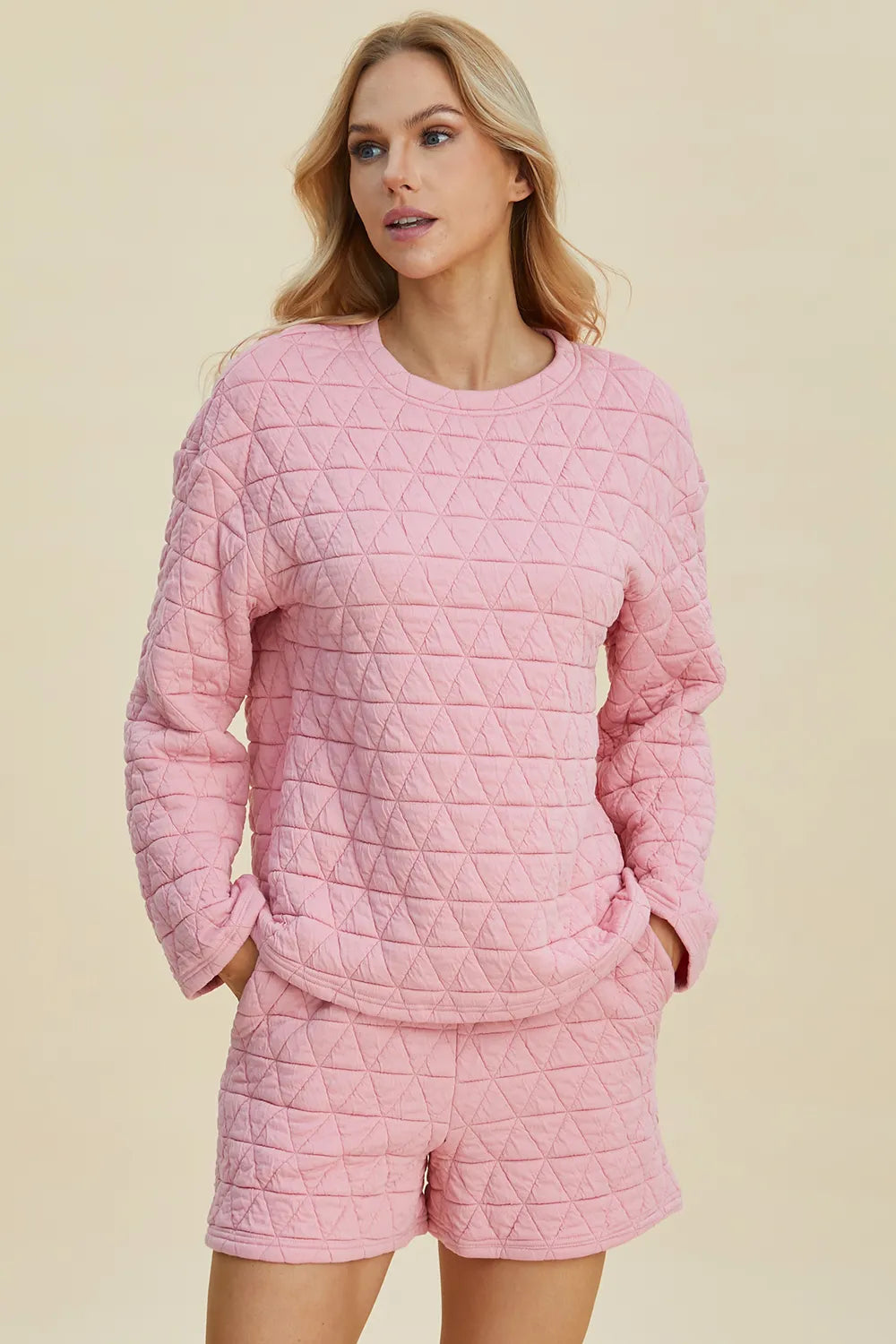 Double Take Full Size Texture Round Neck Long Sleeve Top and Shorts Set – | Shannon’s Chique Boutique