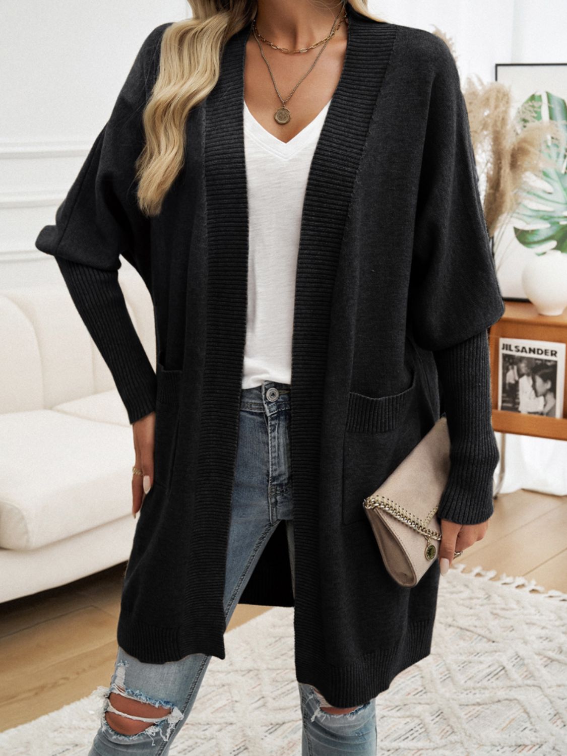 Devine Open Front Long Sleeve Cardigan - Black -
