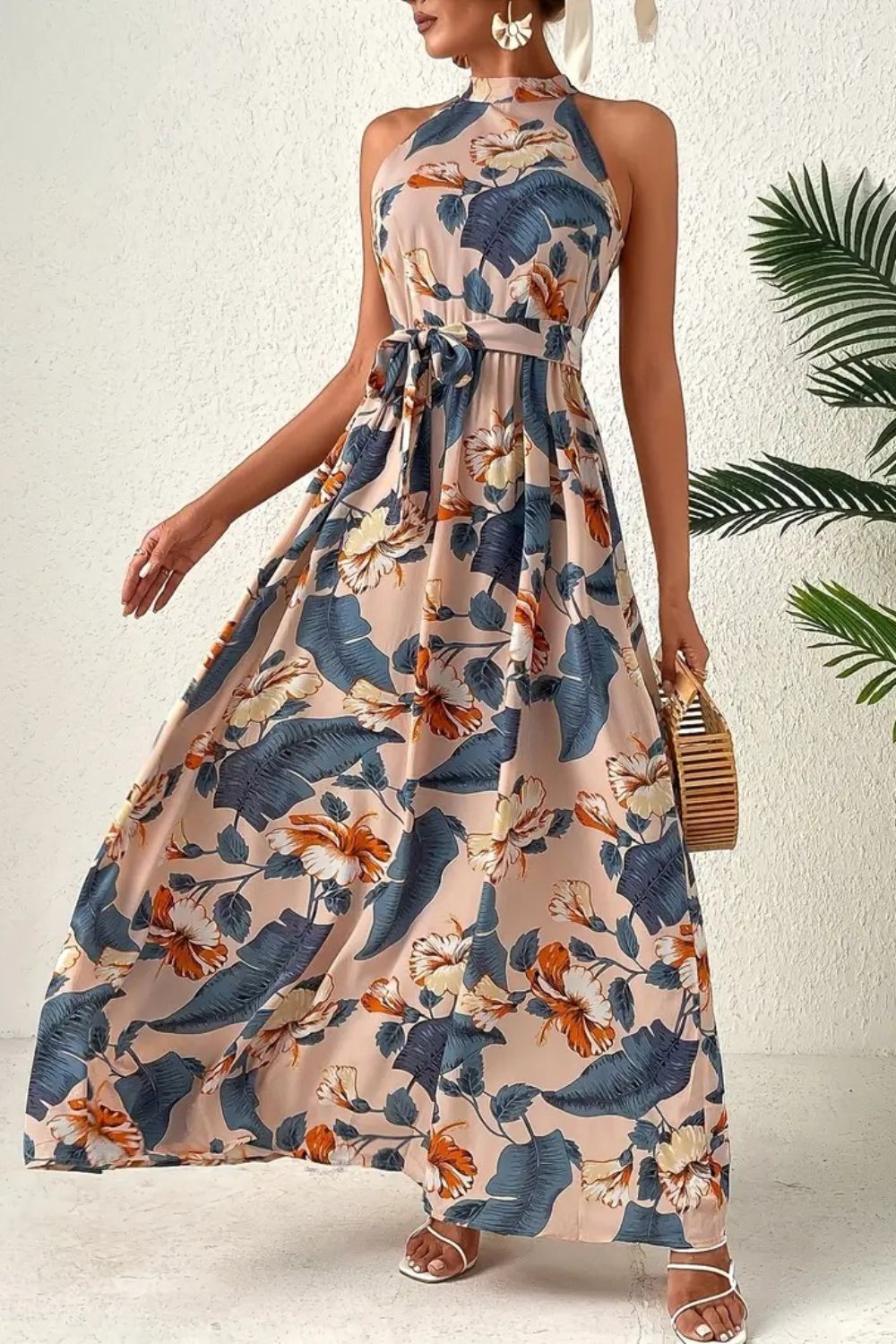Tied Floral Sleeveless Dress - -