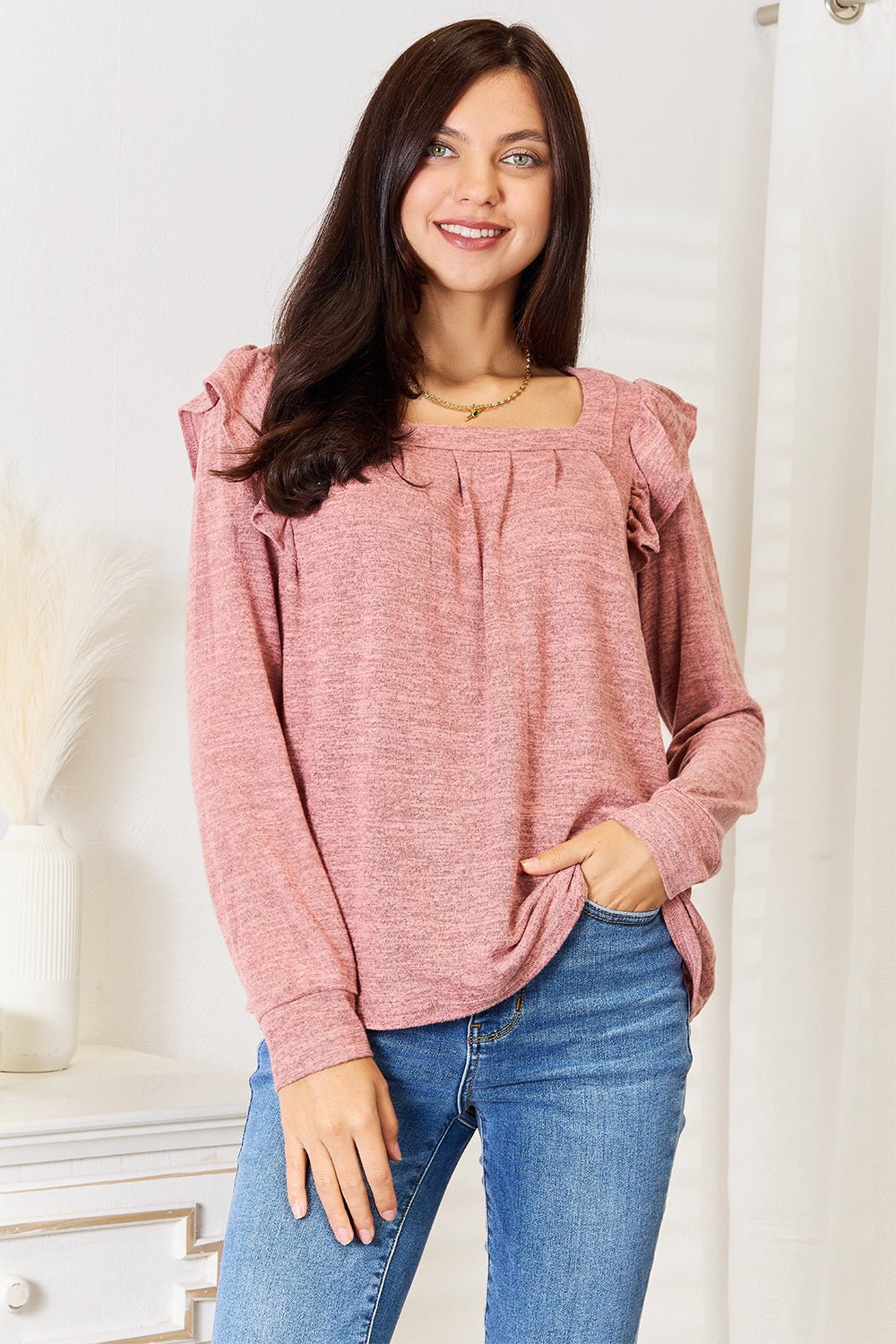 Double Take Square Neck Ruffle Shoulder Long Sleeve T-Shirt - -