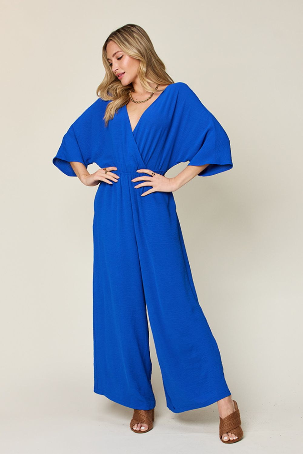 Double Take Full Size Surplice Wide Leg Jumpsuit with Pockets - Royal Blue -