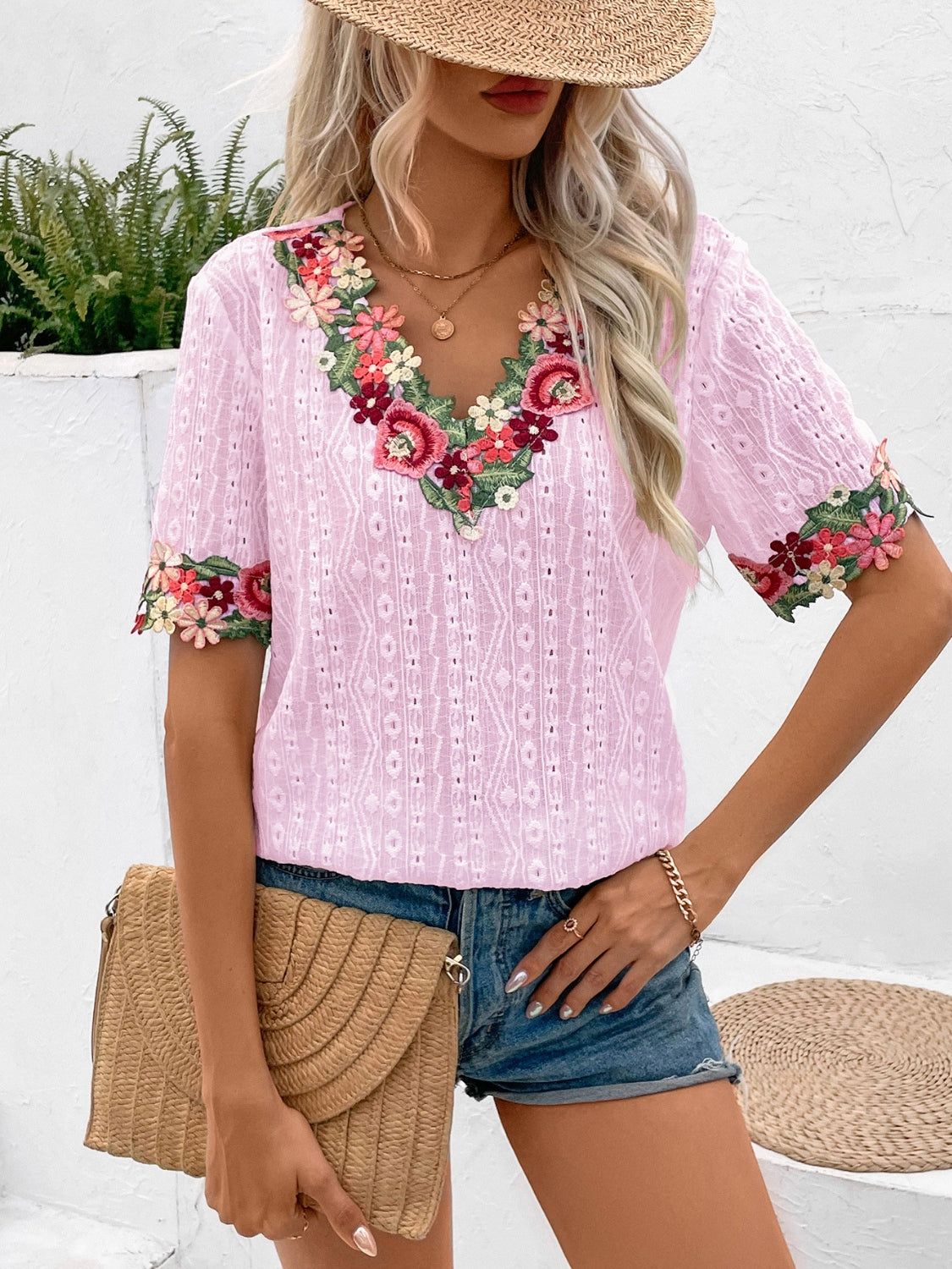 Ivy Lane Eyelet Embroidered V-Neck Short Sleeve Blouse