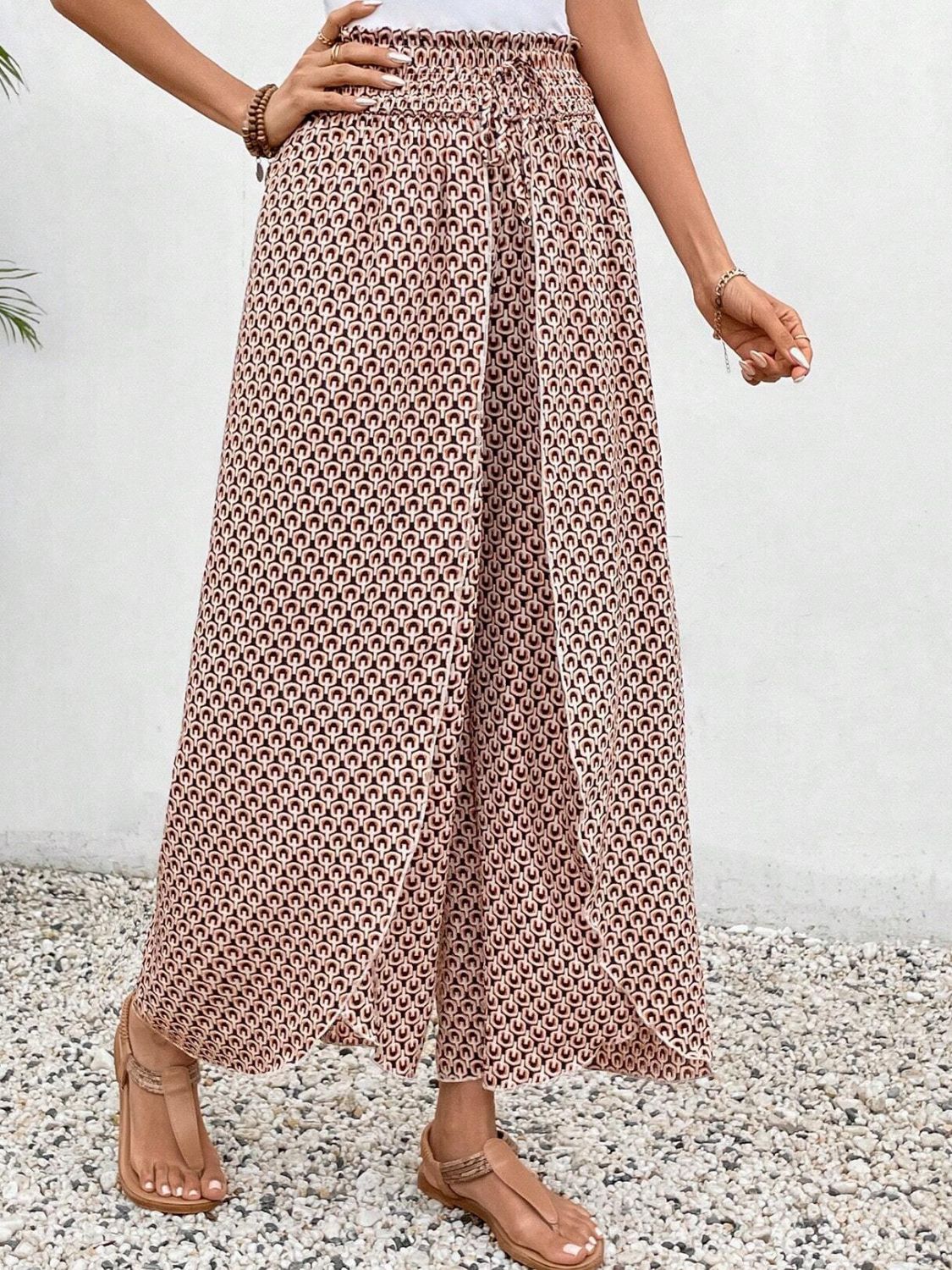 Tied Printed Wide Leg Pants - -