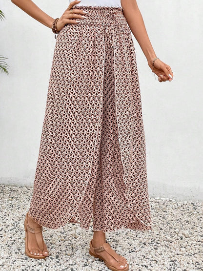 Tied Printed Wide Leg Pants - -