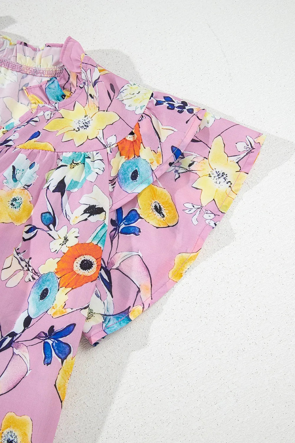 Printed Notched Double Layered Ruffle Sleeve Blouse - -