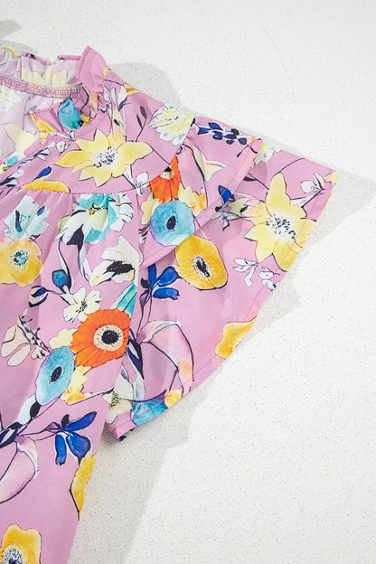 Printed Notched Double Layered Ruffle Sleeve Blouse - -