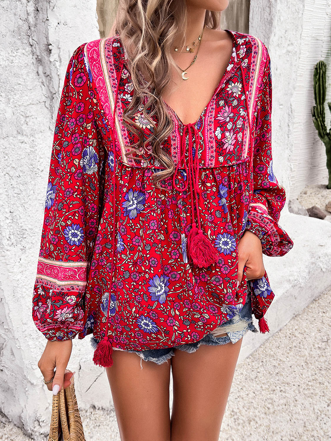 Devine Printed Tie Neck Long Sleeve Blouse - -
