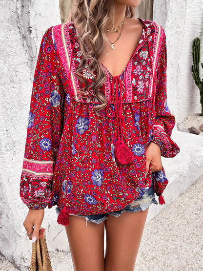 Devine Printed Tie Neck Long Sleeve Blouse - -