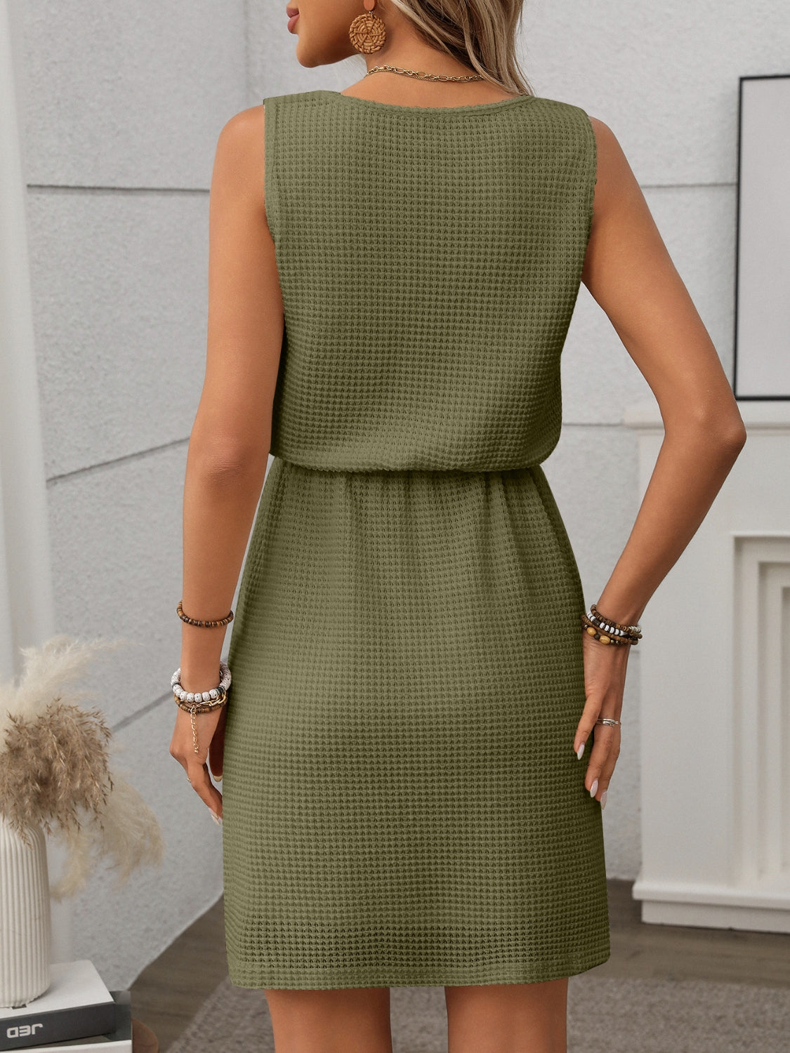 Waffle-Knit Drawstring Mini Tank Dress - -