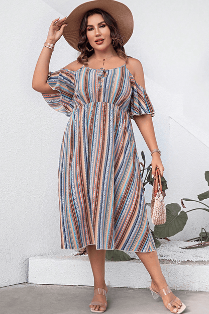 Plus Size Striped Cold-Shoulder Midi Dress (Curve Chic) - -
